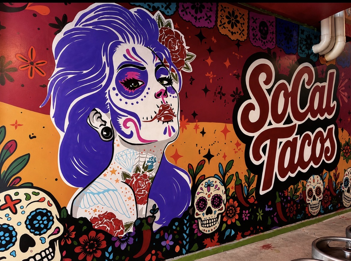 Day of the Dead style mural with sugar skulls, cactus and SoCal Tacos lettering at Flat Lizard Brewery, Stafford Brisbane