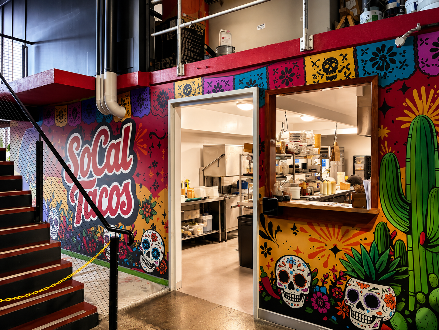 SoCal Tacos mural at Flat Lizard Brewing in Stafford Brisbane — papel picado banners, sugar skulls, cactus and hand-painted SoCal Tacos lettering framing the kitchen servery